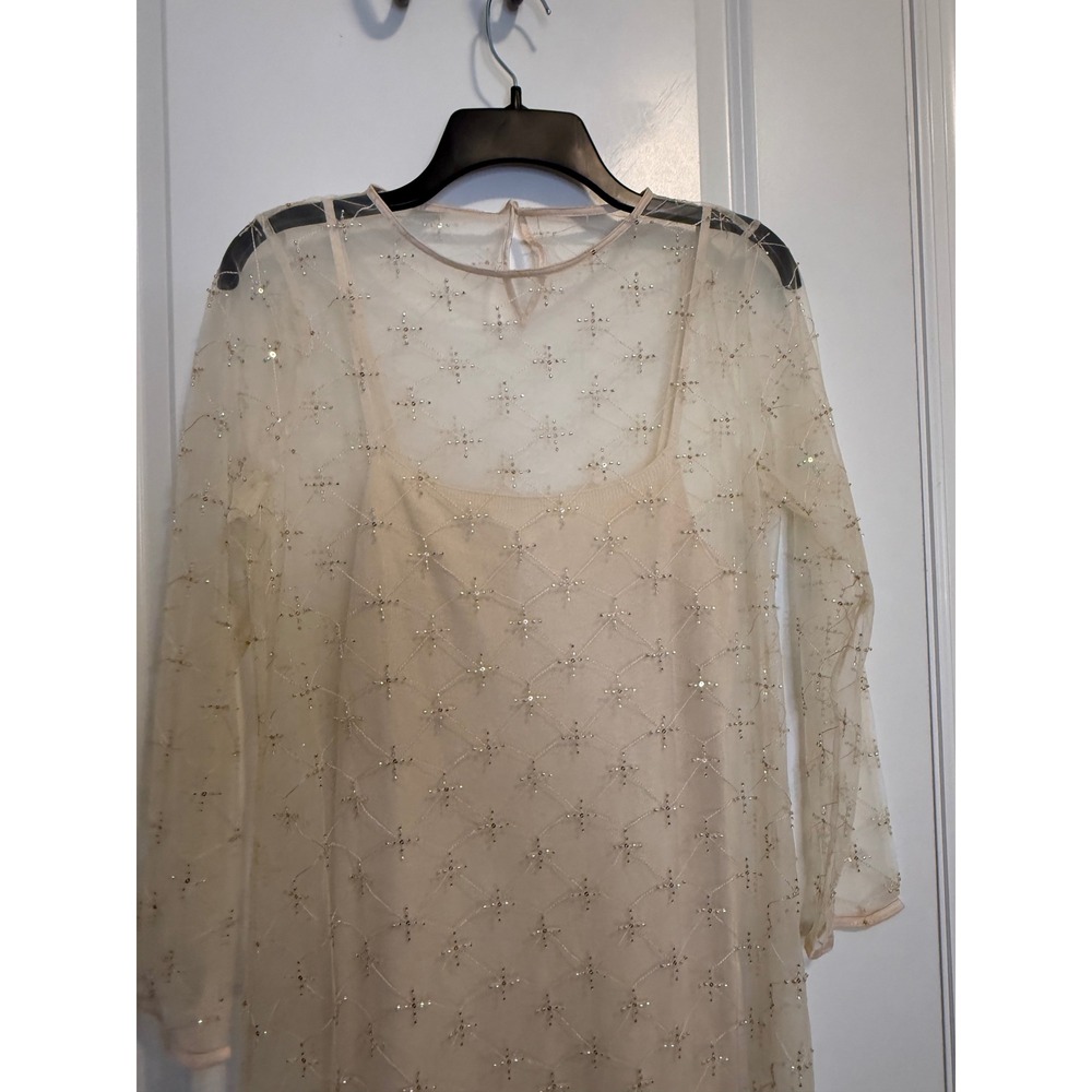 Zara Midi Dress Womens M Cream Cava Sequin Beaded Mesh Sheer Formal Boho - Picture 4 of 7